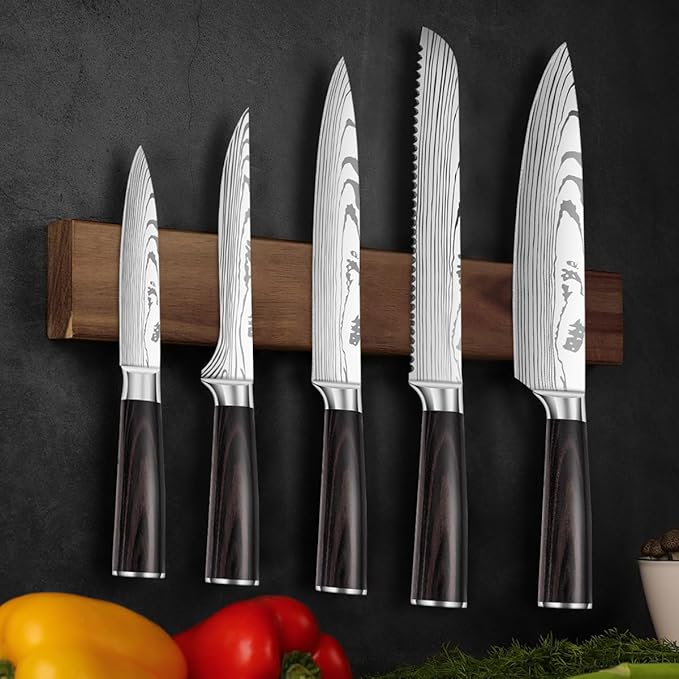 5-Piece Premium Japanese Kitchen Knife Set - Imperial Collection, Laser Damascus Pattern, 440A Stainless Steel Ultra Sharp for Fast Cutting (Redwood 5B)