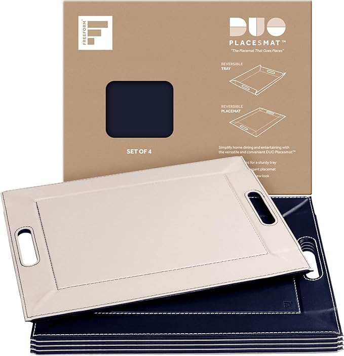PLACEsMAT 2-in-1 Faux Leather Placemat & Serving Tray | Reversible Design, Lays Flat & Easy to Clean | Ottoman Food Tray, Perfect Housewarming Gift, 18” x 14” (Navy Blue & Ivory, Set of 4)