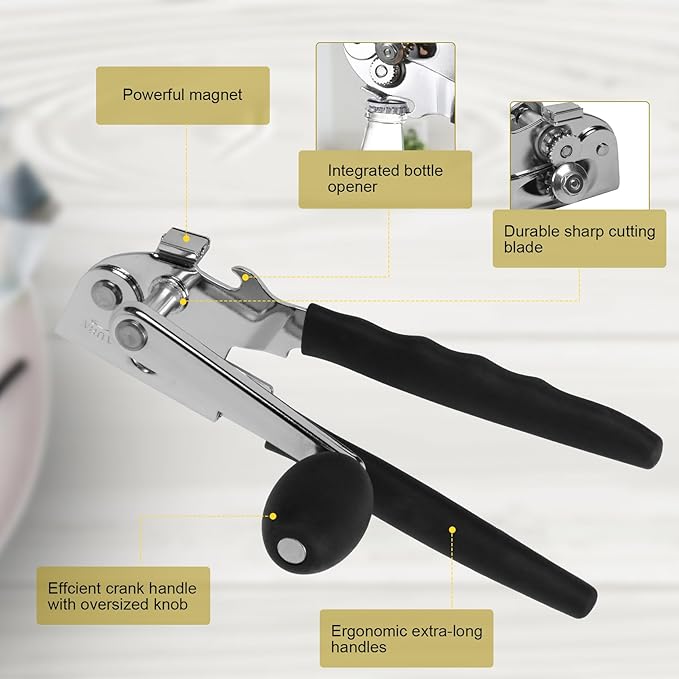 Commercial Can Opener, Stainless Steel Heavy Duty Manual Hand Crank Can Opener, with Comfortable Ergonomic Design Extra-long Handles, Large Handheld Smooth Can Open Easy for Big Cans, Black