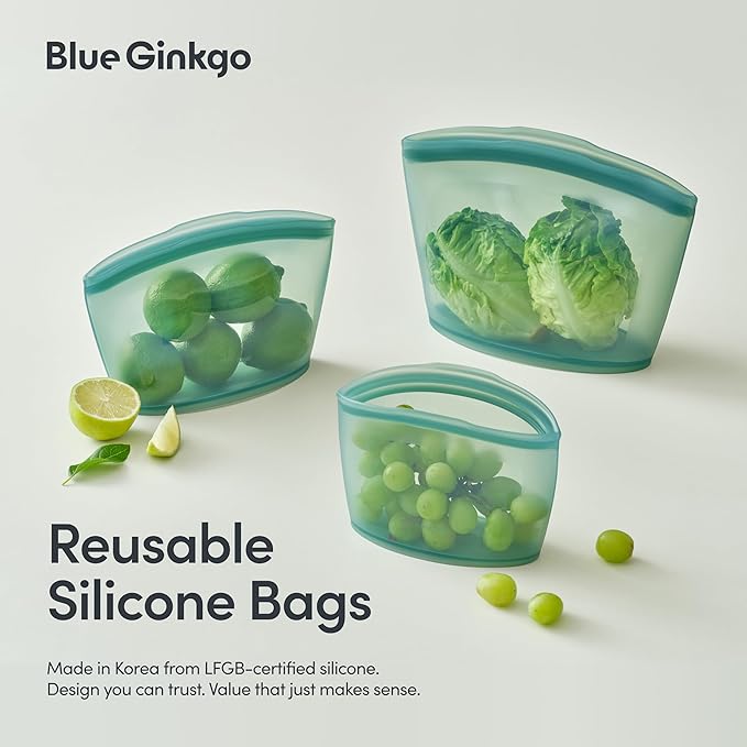Blue Ginkgo Reusable Silicone Storage Bags – 4-Pack | Korean-Made Stand Up Food, Freezer Bags - Forest Green