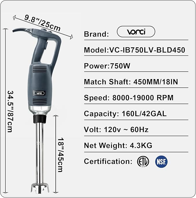 VONCI 750W Commercial Immersion Blender, Handheld Stick Mixer with 18" Detachable Shaft, Variable Speed 8000-19000RPM, Sharp SUS Blade, Extra Heavy Duty Hand Mixer for Restaurant Kitchen.