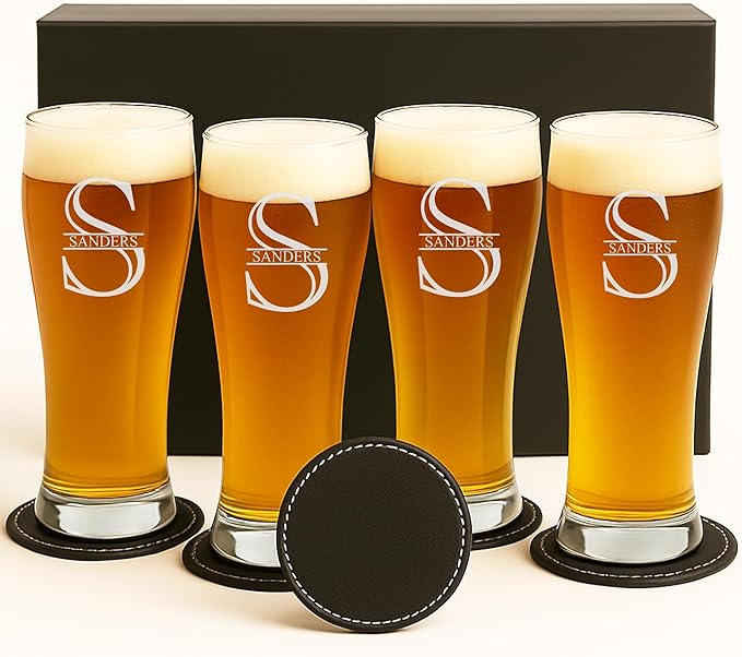 Froolu Customized Gifts for Men - Personalized Beer Glass Set w Engraved Coasters - Monogram Etched Pilsner Glasses Great for Family Home Bar - Valentine's, Housewarming, Christmas & More.
