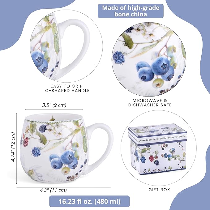 Wild Berries Bone China Big Belly Mug 16.23 fl oz.(480ml) in Gift Box, Coffee Tea Mug