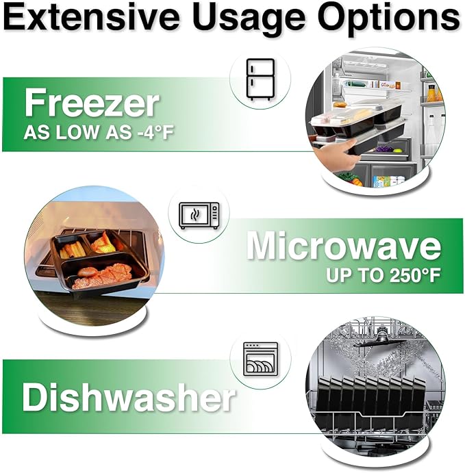 Meal Prep Containers 3 Compartment 20 Pack, 32 oz Divided Reusable Food Storage Containers with Lids Takeout Food Storage Black with 20 Forks, Microwave Dishwasher Freezer Safe, BPA Free
