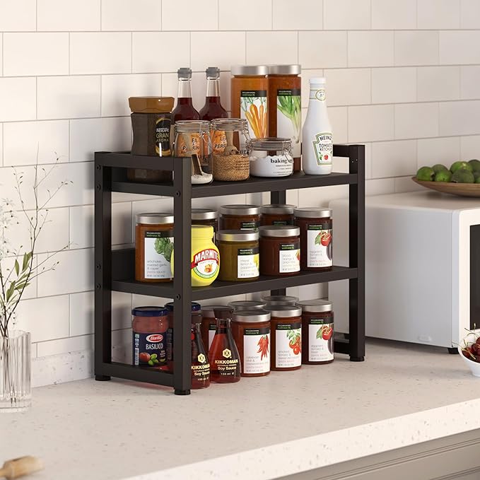 Kitchen Countertop Shelf Organizer, 3 Tier Large Kitchen Storage Spice Rack Cabinet Organizer with Metal Leg for Countertop Pantry, Coffee Bar Organizer, Bathroom Countertop Organizer, Black