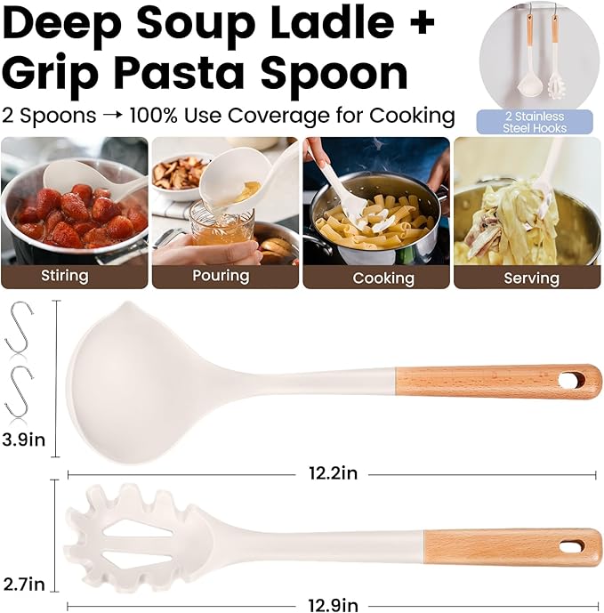 Silicone Soup Ladle Spoon, Kitchen Soup Cooking Spoons Set, Large Spaghetti spoon, Nonstick Pasta Spoon, Heat Resistant Pasta Fork for Serving Soup, Noodle, Sauce