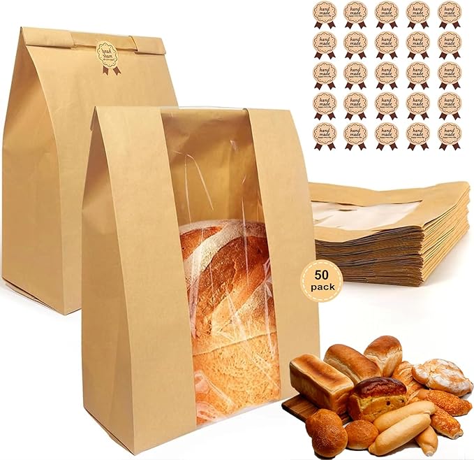 50 Pack thicker Large Sourdough Bread bags for Homemade Breads(13.7x8.26x3.54in).with Window bags & 75pcs label,for Packaging and Storage of Baked Goods