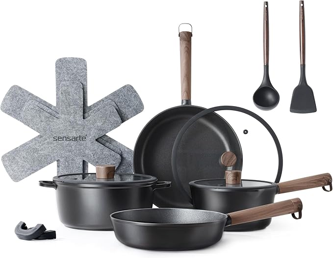 SENSARTE Pots and Pans Set Nonstick Cookware Set Kitchen Cooking Set Non-stick, Dishwasher & Oven Safe, Induction Compatible, Free of Intentionally Added PFOA/PFOS, 13pcs, Black