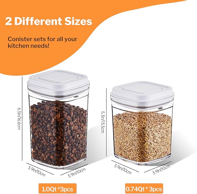 Pop Top Food Storage Container Set | 6Pcs Airtight Cereal Storage Organizer Canisters with Pop Lids, BPA-Free, Vacuum Seal & One-button Opening, Stackable Pantry Containers for Dry Food Storage