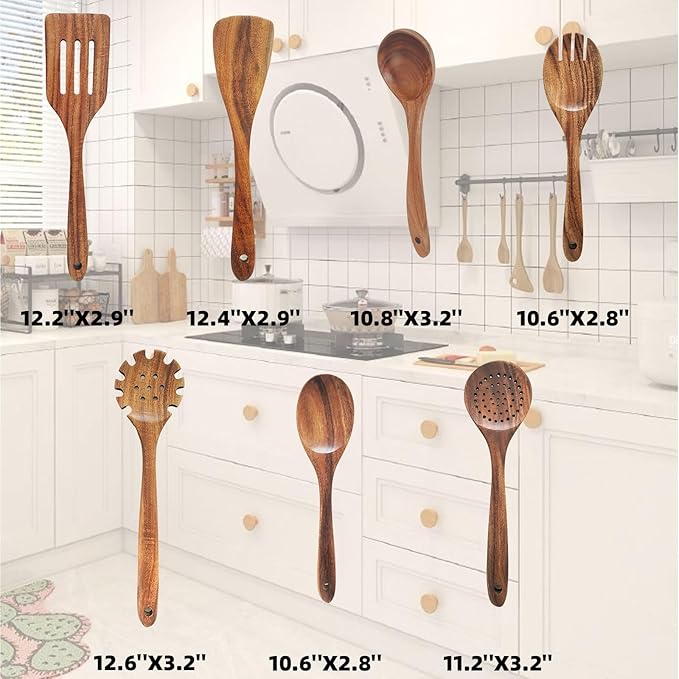 Wooden Kitchen Utensils Set, Teak Wood Cooking Spoons for Non-Stick Pans, 7 Pieces