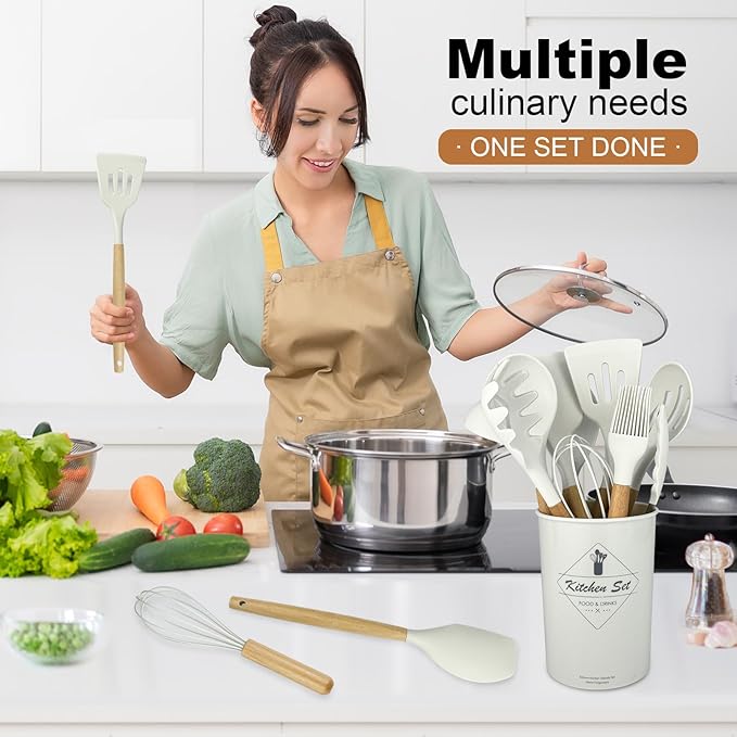 Silicone Cooking Utensils Kitchen Utensil Set - 446°F Heat Resistant Silicone Kitchen Utensils Set, Spatula,Turner Tongs, Spoon, Brush, Whisk,Kitchen Gadgets for Nonstick Cookware, BPA Free (White)