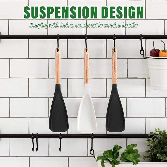 Cedarwood and ash wood spatula, multi-purpose cooking spoon with heat-resistant silicone, wooden handle, suitable for non-stick cookware, ergonomic grip (2-piece set in white)