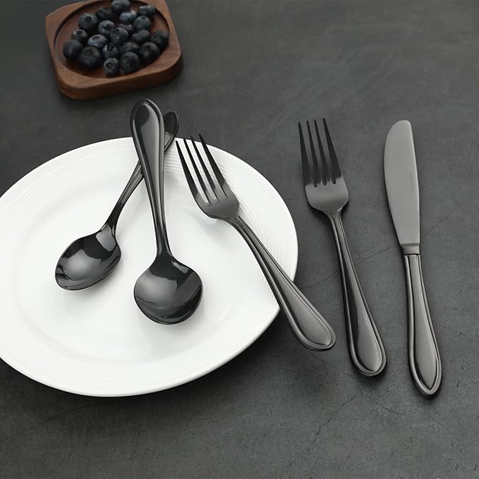 Black Silverware Set, 20-Piece Stainless Steel Flatware for 4, Heavy-Duty 18/0 Stainless Steel Utensils,Mirror Polished Dishwasher Safe for Home & Kitchen Dining