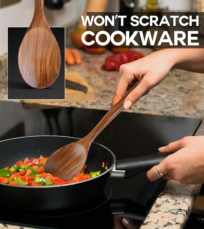 Wooden Spoons for Cooking, Natural Premium Teak Wooden Spoons, Good Grip Large Cooking Spoons and Wooden Spatula, Heat Resistant Wooden Cooking Utensils for Nonstick Cookware Serving, Perfect Gifts