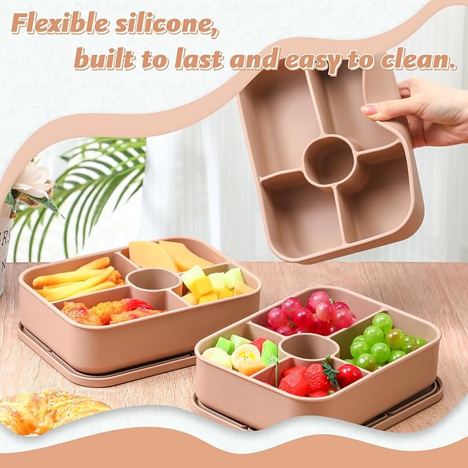 4 Pack Silicone Bento Boxes for Adults, 5 Compartment Reusable Lunch Containers with Sauce Section, Leakproof Meal Prep Snack Box Microwave & Dishwasher Safe for Work School Office(Khaki)