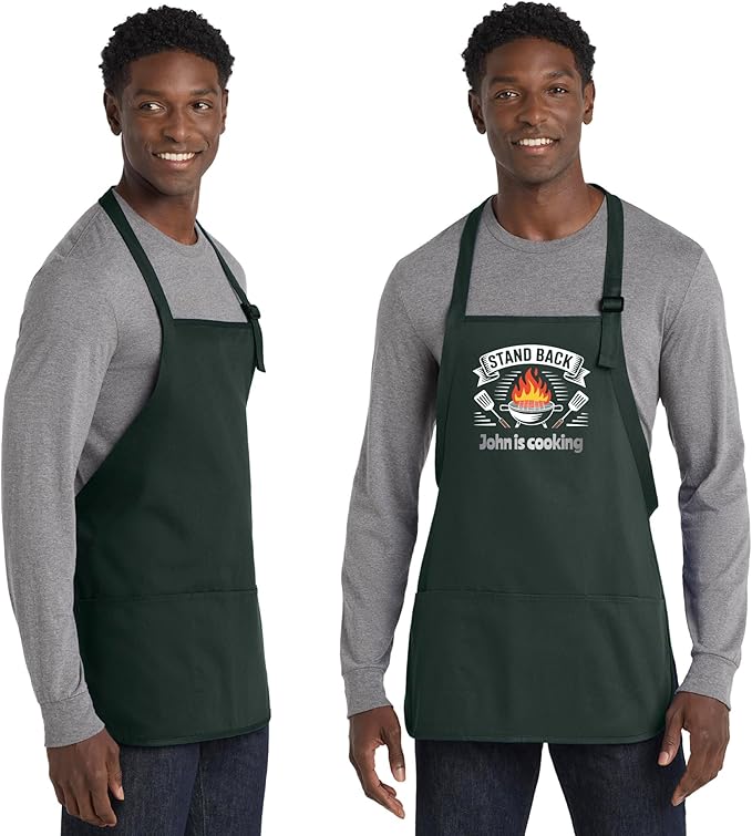 Personalized Medium Length Cooking & Grill Apron – Stand Back Design with Custom Text (1-2 Lines)