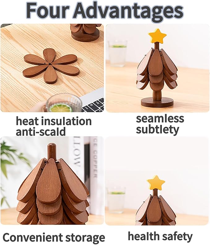 Wood Christmas Tree CoastersWooden Trivets for Hot DishesWooden Tree Shape Trivet3 Wooden Trivets+1 Stand (Beech Wood)