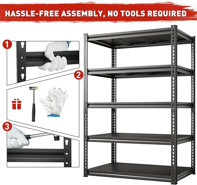 REIBII Garage Shelving 72" H, Storage Shelves Heavy Duty Load 2500 LBS, 5-Tier Metal Shelving Adjustable Garage Shelves for Warehouse, Basement, Pantry, Factory,72" H x36 W x18 D, Black