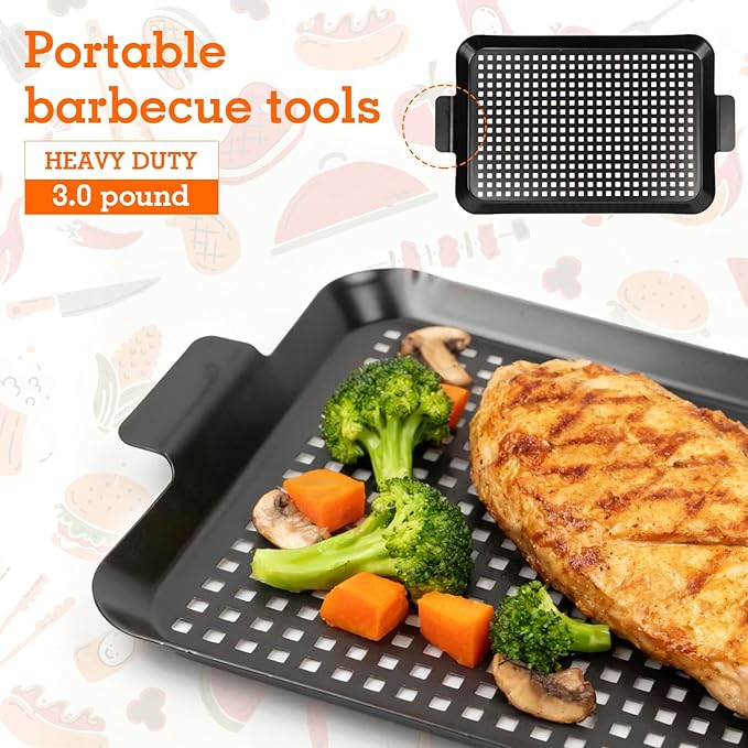 2PCS Grill pan: Grill pan for outdoor grill - Non-stick enamel coating grill topper suitable for camping, picnic, party