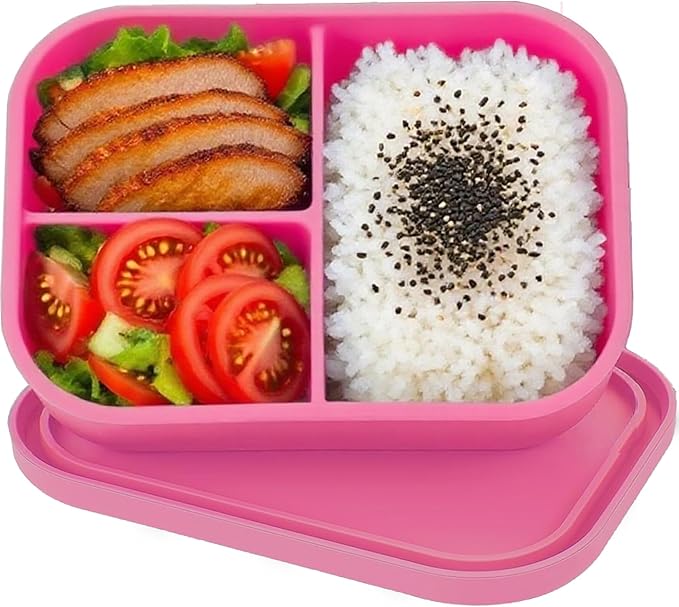 Silicone Adult Bento Box, 3 Compartment Leakproof Silicone Lunch Container, Lunch Box for Men and Women, BPA-Free, Microwave/Dishwasher/Freezer Safe, Reusable Snack Containers (Pink)