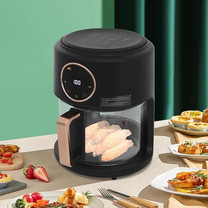 Glass Air Fryer 3.81QT with 360° View, 1200W Touchscreen & 8 Presets, Borosilicate Glass Pot for Healthy Frying, Family Kitchens, Restaurants (Black)