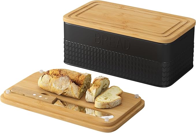 Black Bread Box for Kitchen Countertop, Large Bread Storage Container with Bamboo Lid, Iron Farmhouse Bread Box for Your House