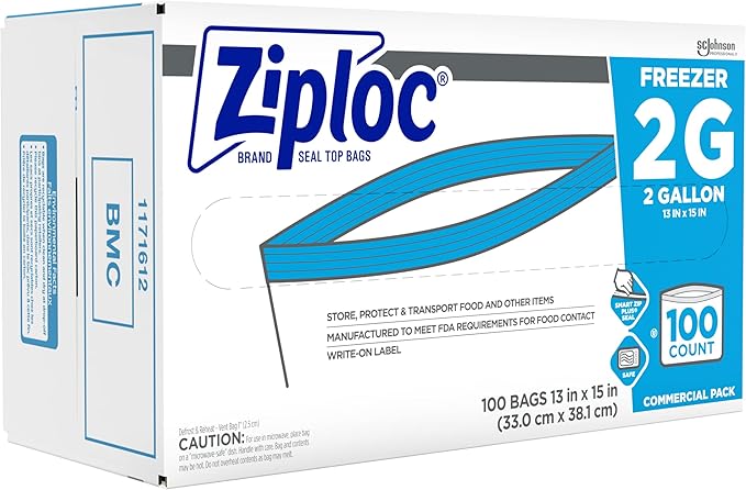 SC Johnson Professional Ziploc Professional Freezer Bags, For Food Organization and Storage, Double Zipper, 2 Gallon, 100 Count