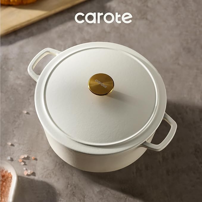 CAROTE 5QT Enameled Cast Iron Dutch Oven Pot with Lid, Heavy-Duty Dutch Oven for Sourdough Bread Baking, Braising, Stews, Roasting, Healthy & Non-Toxic, Dual Handles, All Stovetop Compatible, Oven Safe up to 500° F, White