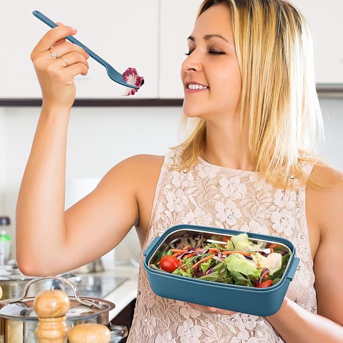Adult Bento Lunch Box Kit, Bento Boxes Portable Lunch Box, Adult Bento Box with Lunch Bag, Bento Lunch Containers for Women, 1200ml Large Capacity Lunchbox BPA-Free(Blue Metal)