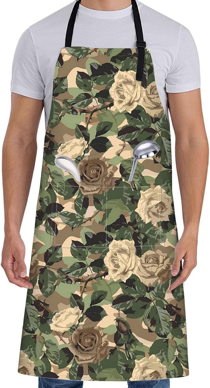 Camo Rose Apron for Women with Floral,28x33in,Goth Kitchen Aprons with 2 Pockets, Oxford Fabric,Green Leaves Adjustable Apron for Cooking Baking Gardening Chef,Gifts for Mom Wife