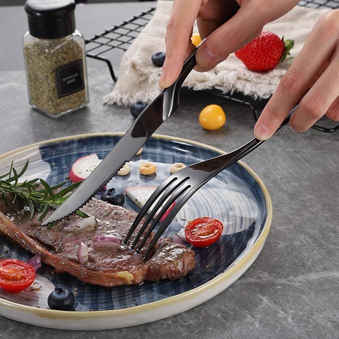 Lemeya Stainless Steel Black Steak Knives Set of 6,Forge Steak Knife,Serrated Steak Knives Set,6 Piece Heavy Steak Knives-10 inch,Mirror Polished,Dishwasher Safe