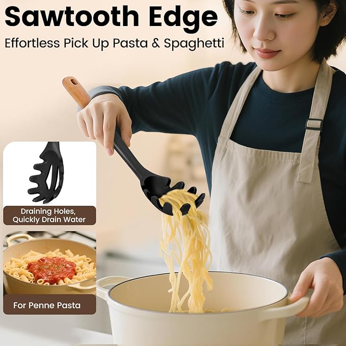 Silicone Soup Ladle Spoon, Kitchen Soup Cooking Spoons Set, Large Spaghetti spoon, Nonstick Pasta Spoon, Heat Resistant Pasta Fork for Serving Soup, Noodle, Sauce