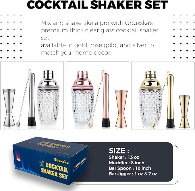 Cocktail Shaker Set - Glass Mixed Drink Shakers Cocktail Set, Martini Shaker with Strainer for Bars, Whiskey, Cocktails (Rose Gold Set)
