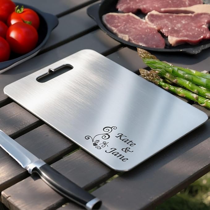 Personalized Titanium Cutting Board, 100% Pure Titanium, Stainless Steel board, Double-Sided Cutting Boards for Kitchen, Custom Engraved Gift for mom, wife, parent, birthday, anniversary, or Christmas