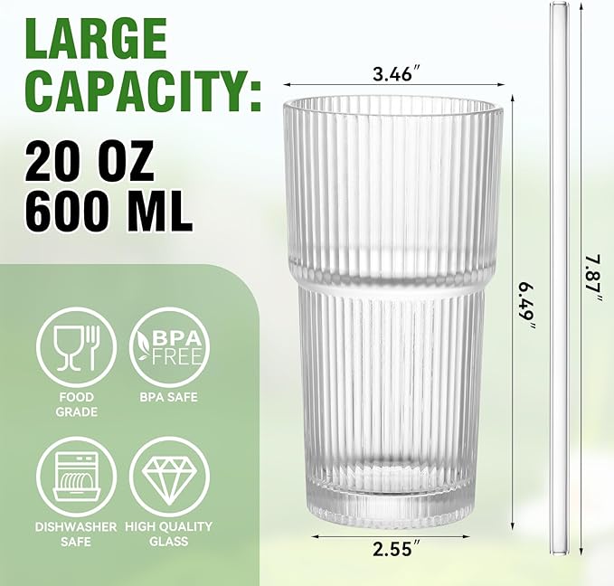20 oz Glass Cups and Straw 2 Set, Glass Tumbler with Straw, Vintage Glassware for Whiskey Cocktail Beer, Iced Coffee Cups (2 PACK)