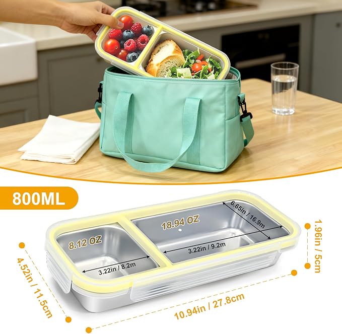 Stainless Steel Snack Containers, (3Pack) Leakproof 2 Compartment Snackle Box with Airtight Lids, Reusable Bento Box Food Storage Containers for Lunch Travel Picnics Office