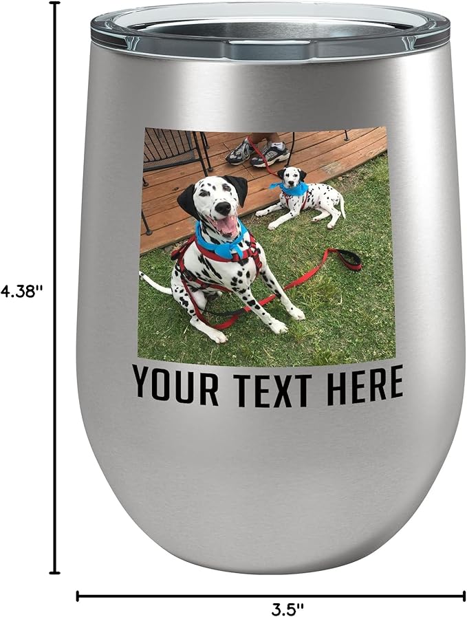 Personalized 12oz (17 Colors) Photo Picture Printed Insulated Stainless Powder Coated Stemless Wine Tumbler with Lid, Customized Gift Idea Women Her, Custom Coach Gifts Team Mom Dad (Stainless Steel)
