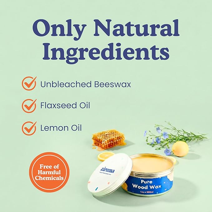 Ziruma Non-Toxic Wood Wax - Natural Wood Conditioner for Butcher Blocks, Wooden Utensils & Bowls – No Mineral Oil, No Petroleum - Pure Beeswax, Lemon & Flaxseed Oil [7 oz]