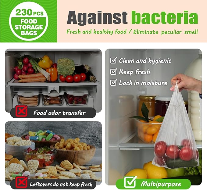 Teivio 230 Count 12" x 16" Plastic Produce Bags with Handle, Clear Kitchen Food Disposable Plastic Storage Bags/A Roll for Fruit Vegetable Bread