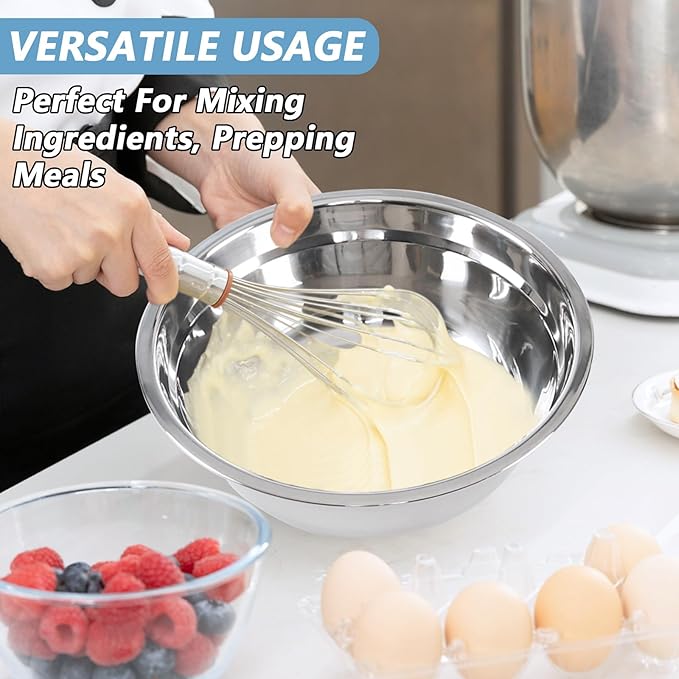 4-Pack Stainless Steel Mixing Bowls, 8.6 Inch Wide Metal Serving Bowls