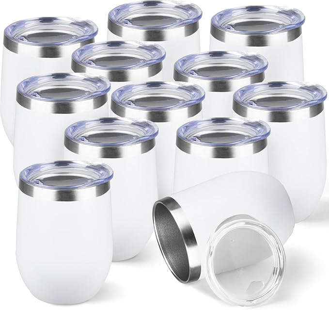 StarSpeed 12oz/12 Pack Wine Tumbler with lid, Stainless Steel Travel Mugs Stemless Double Wall Insulated Coffee Cup, Insulated Wine Glasses Travel Tumbler for Cold & Hot Drinks(White, 12)