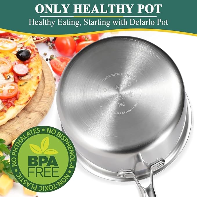 DELARLO Tri-Ply Stainless Saucepan 3.5Quart Steamer Set With Glass Lid, Ergonomic Handle, Multipurpose Sauce Pan, Kitchen Sauce Pot，Oven Safe