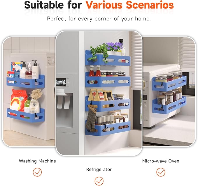 4 Pack Magnetic Spice Rack for Refrigerator, Spice Rack Organizer, Moveable Magnetic Shelf Fridge Organizer with 4 Hooks for Kitchen and Oven Organization, Blue
