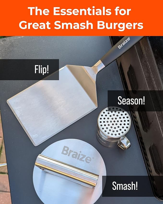 Smash Burger Press Kit, Stainless Steel Burger Press - Heavy Duty Grill Tools for Smashburgers, Flat Top Griddles, Cast Iron Pans, BBQ Accessories for Home Chefs (Shaker Set)