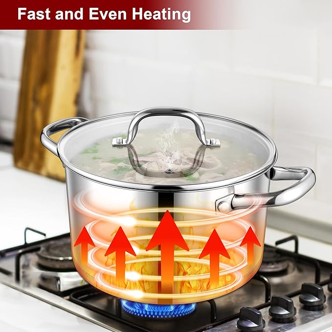 LIANYU 6 QT Stainless Steel Stock Pot, Kitchen Tri-ply Base Cooking Soup Pot with Glass Lid, Heavy Duty Non-toxic Cookware for Meal, Compatible with Induction Cooktop Electric Stove, Dishwasher Safe