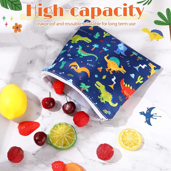 Chumia 6 Pcs Reusable Snack Bags Christmas Gifts Food Safety Washable Snack Bags Lunch with Zipper Portable Sandwich Bag Food Storage Pouch Double Layer(Dinosaur,7 x 7 Inches)