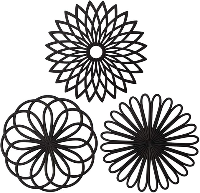 ME.FAN Silicone Trivet Mat - Kitchen Hot Pads for Pots & Dish - Insulated Teapot Trivet - Flexible, Durable, Non-Slip Large Coasters 3 Set Black