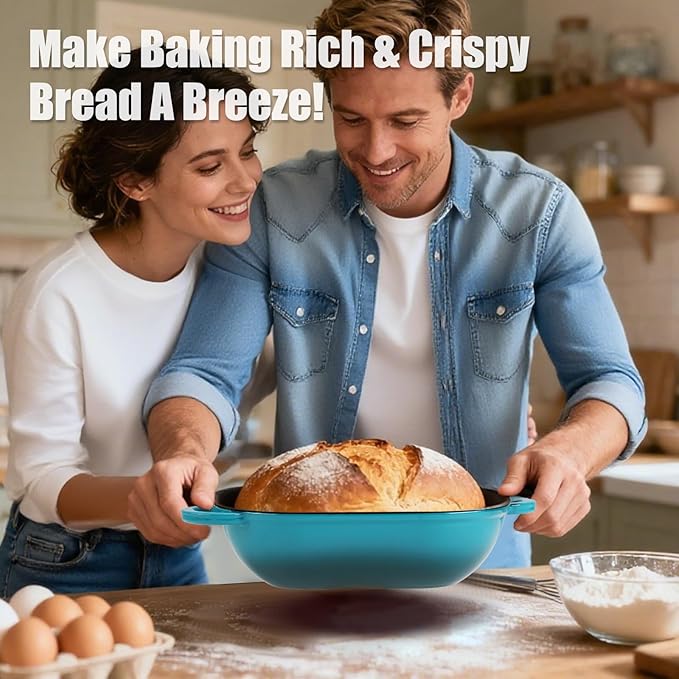Enameled Cast Iron Sourdough Bread Oven, 5QT Loaf Cast Iron Bread Pan with Lid, Oval Dutch Oven for Homemade Bread Baking, Meatloaf Pan with Lid (Gradient Blue-green)