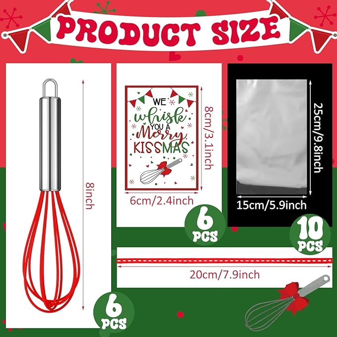 Nuogo 6 Sets Christmas Whisk Baking Supplies Gifts Christmas Neighbor Gifts Includes 8 Inch Stainless Steel Whisk,Greeting Cards,Ribbons,Plastic Bags for Home Cooking Supplies Xmas Stocking Stuffers