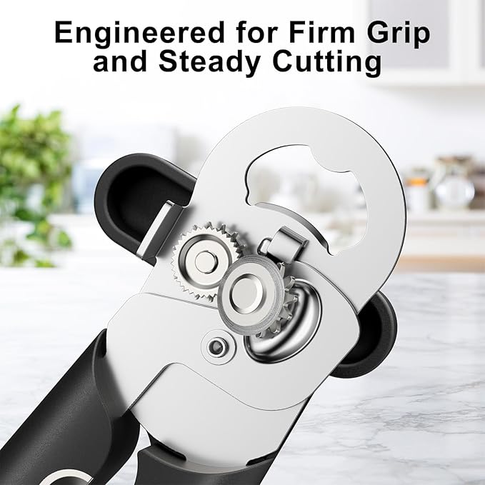 Ultrean Manual Bottle Opener Can Opener, Heavy-Duty Stainless Steel Manual Handheld Can Opener with Smooth Edge, Ergonomic Thick Handle, Rust Proof, Oversized Easy Turn Knob-Black